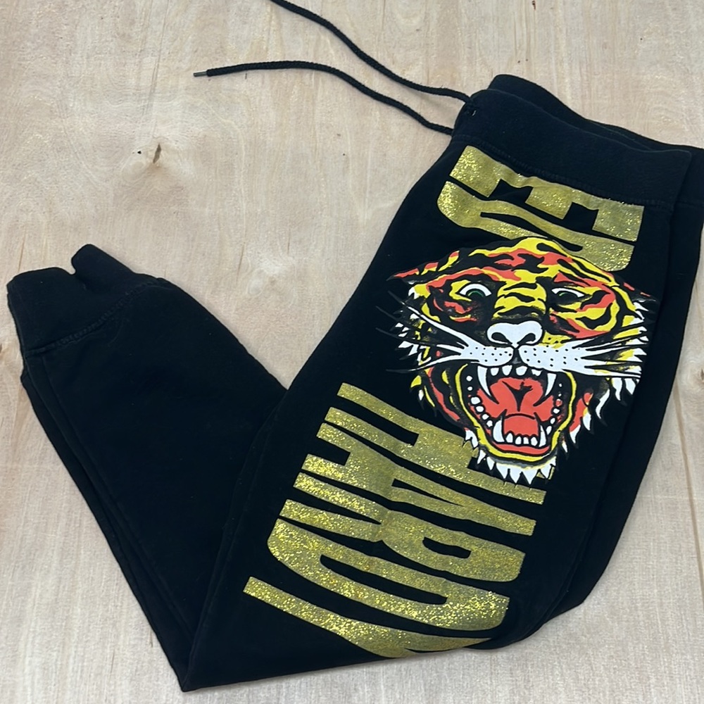 Ed Hardy Lion Head Black Sweatpants Gold Glitter Size XL